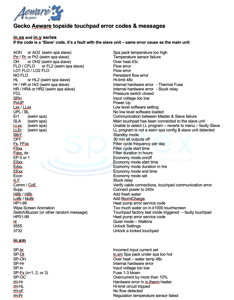Spa error codes & Hot Tub topside touchpad control panel spa error